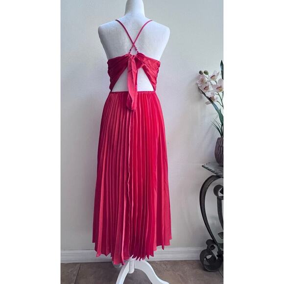 Adelyn Rae Pleated Skirt Ruched Bodice Satin Midi Dress Orange Womens Sz Medium - Picture 2 of 6